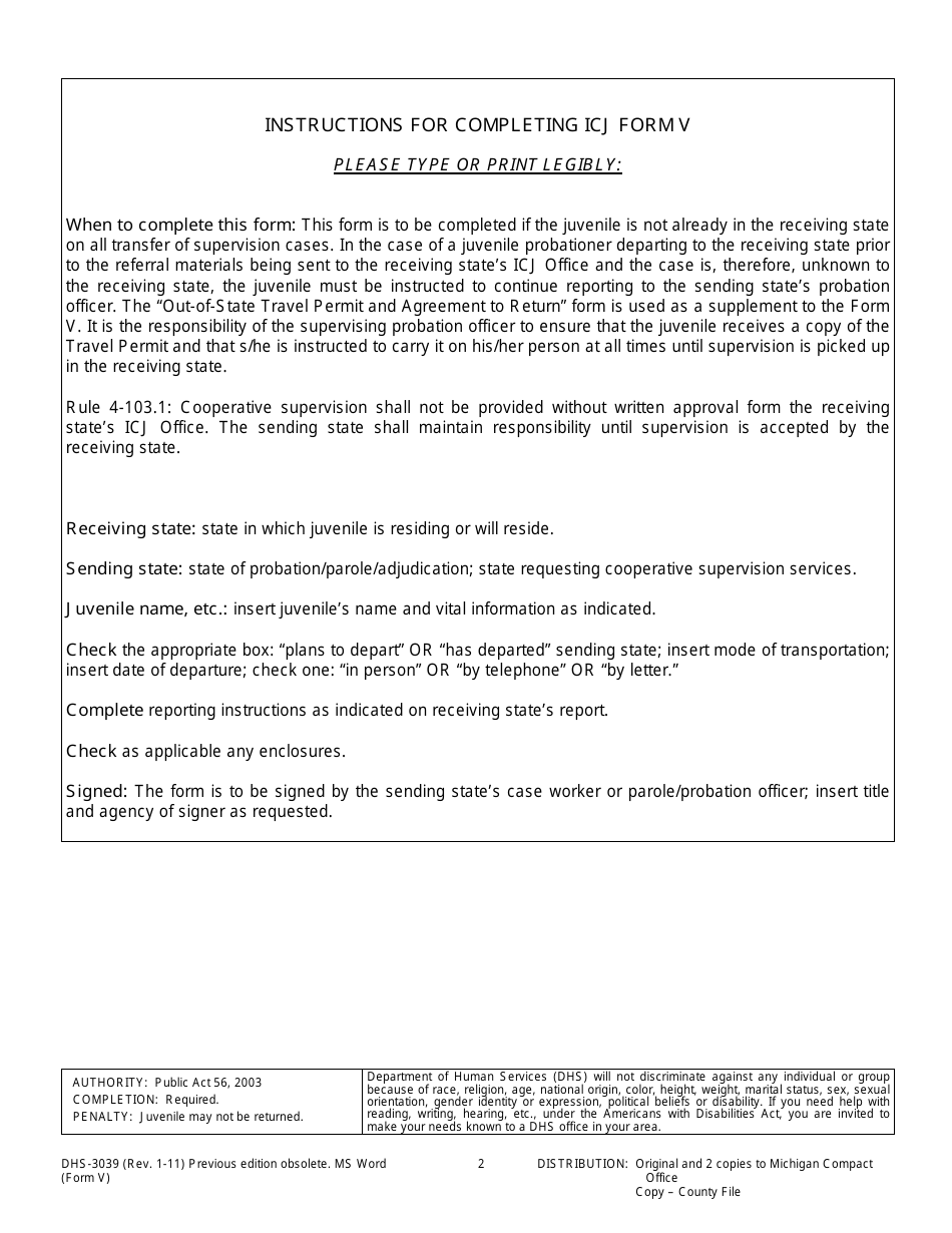 Form DHS-3039 (ICJ Form V) Interstate Compact for Juveniles Report of Sending State Upon Parolee or Probationer Being Sent to the Receiving State - Michigan, Page 2