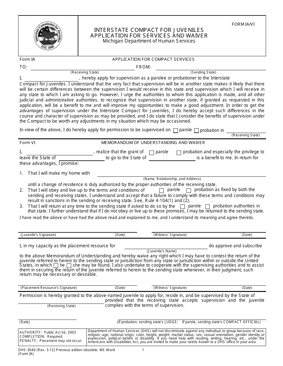Form DHS-3040 (ICJ Form IA; ICJ Form VI) Interstate Compact for Juveniles Application for Services and Waiver - Michigan, Page 1
