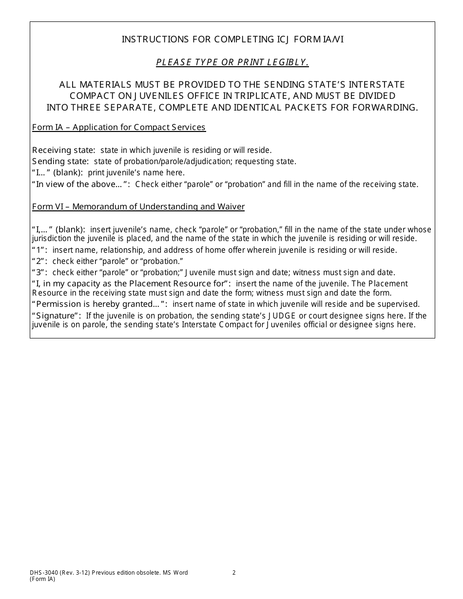 Form DHS-3040 (ICJ Form IA; ICJ Form VI) Interstate Compact for Juveniles Application for Services and Waiver - Michigan, Page 2