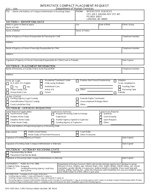 Form DHS-4332 (ICPC-100A)  Printable Pdf