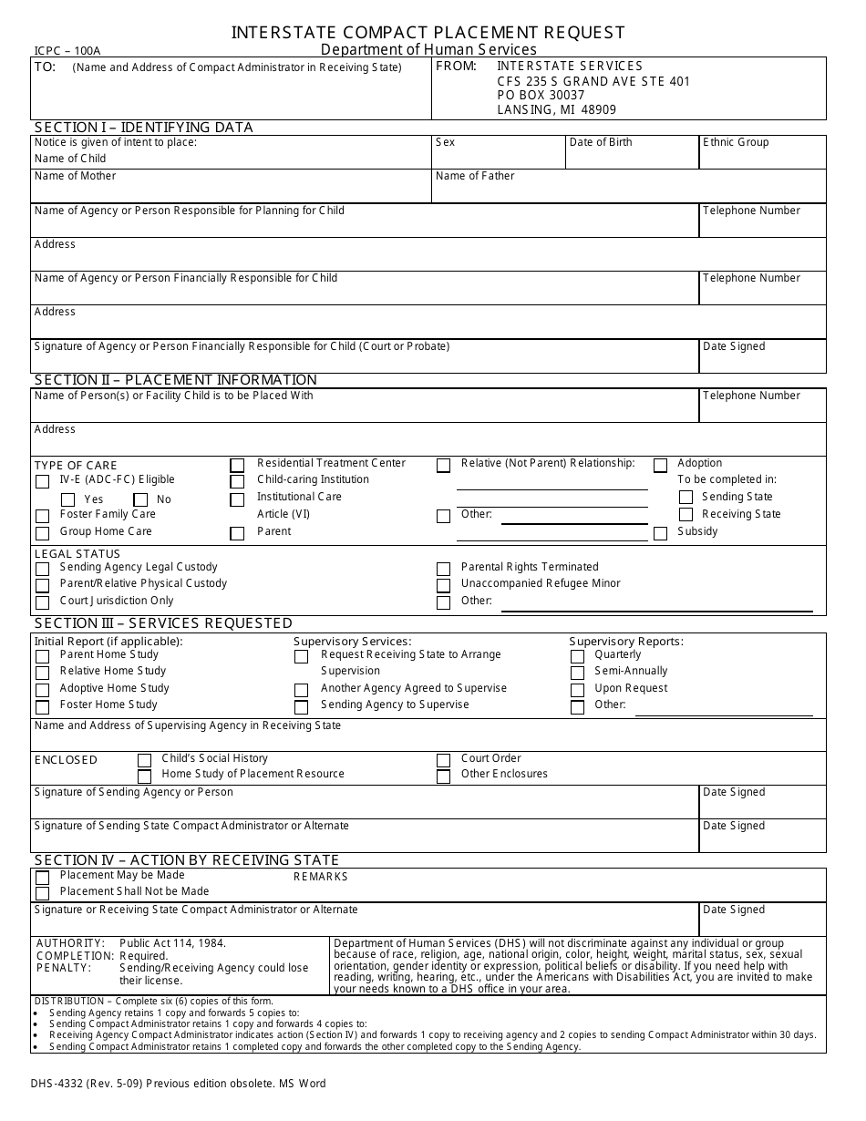 Form DHS-4332 (ICPC-100A) Interstate Compact Placement Request - Michigan, Page 1