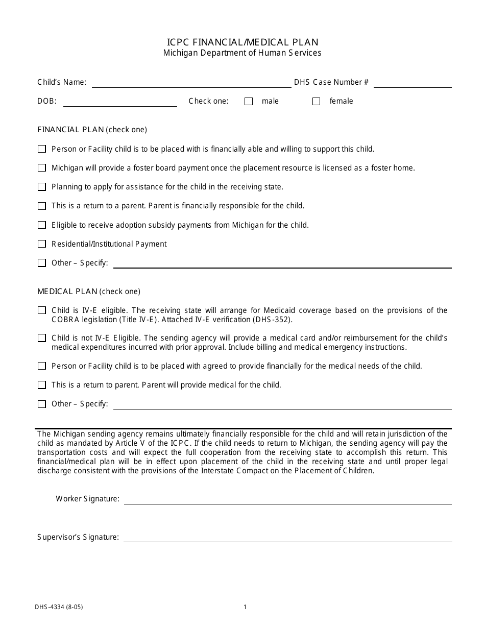 Form DHS-4334 Icpc Financial / Medical Plan - Michigan, Page 1