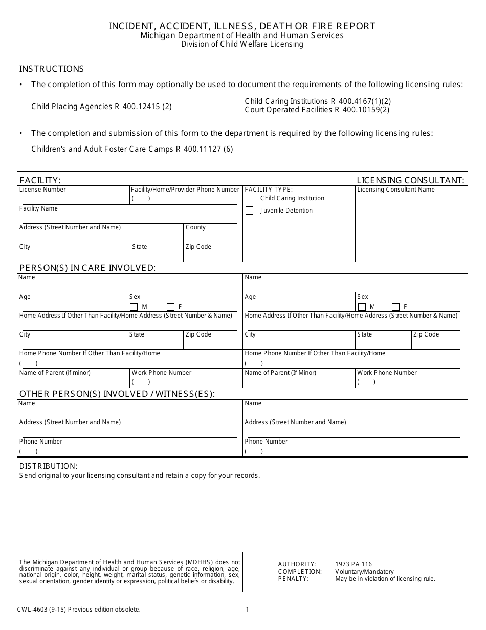 Form CWL-4603 Incident, Accident, Illness, Death or Fire Report - Michigan, Page 1