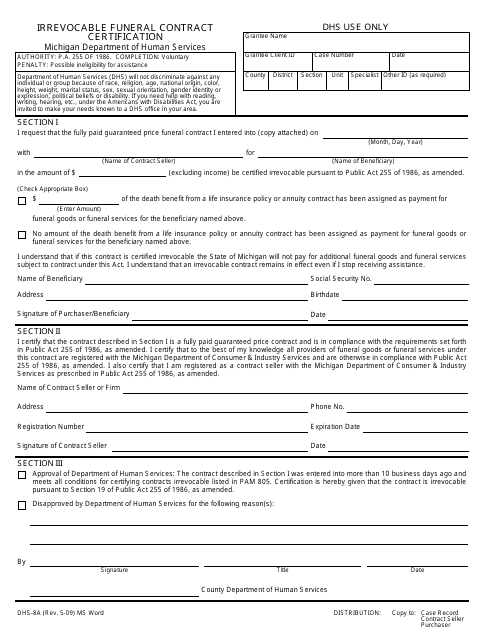 Form DHS-8A Irrevocable Funeral Contract Certification - Michigan