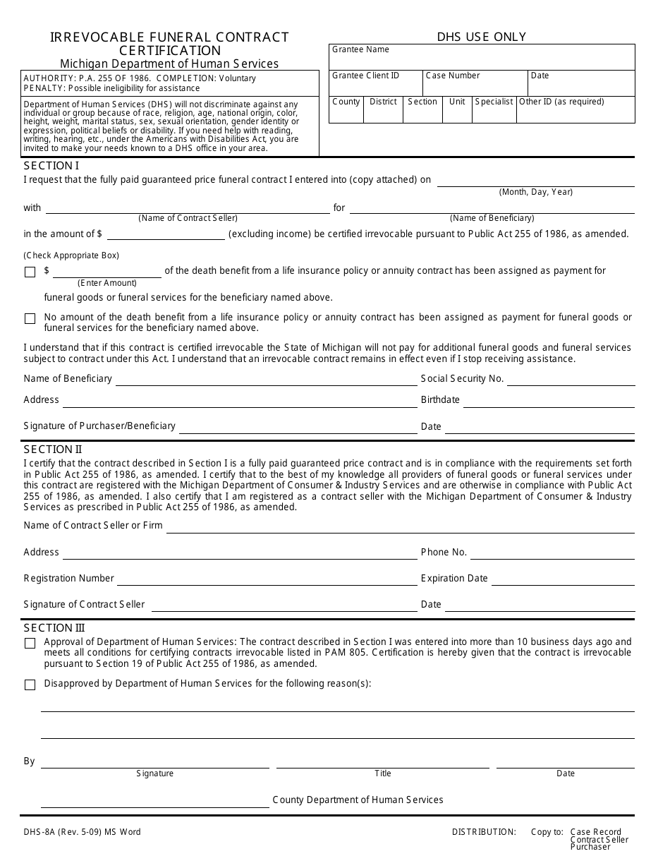 Form DHS-8A Irrevocable Funeral Contract Certification - Michigan, Page 1
