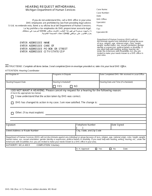 Form DHS-18A  Printable Pdf