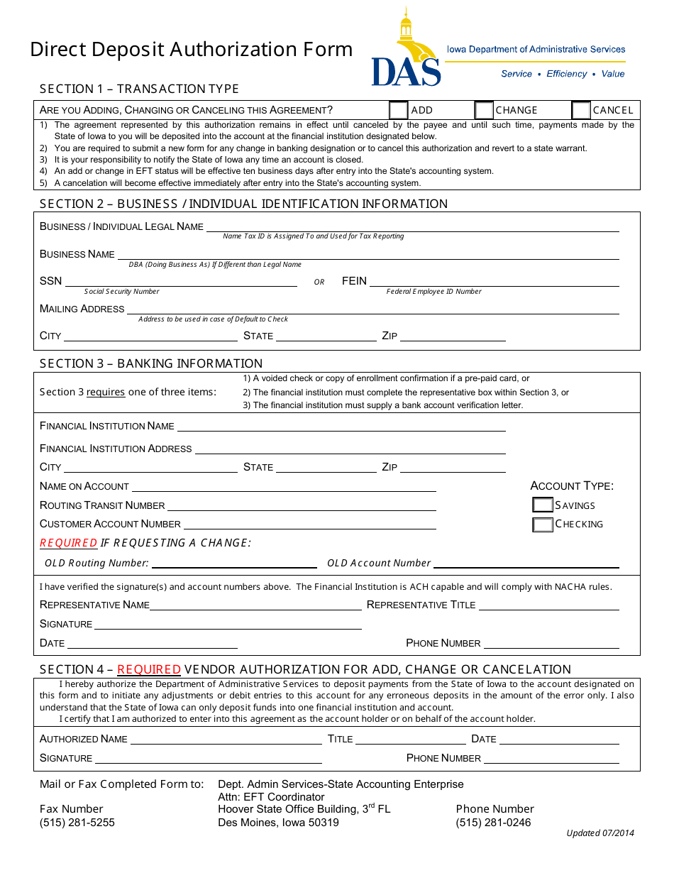 iowa direct deposit authorization form download fillable pdf