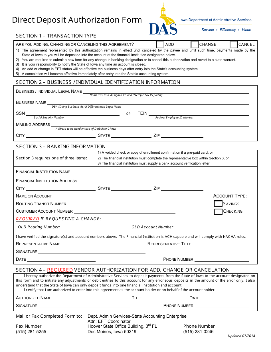 Direct Deposit Authorization Form - Iowa, Page 1