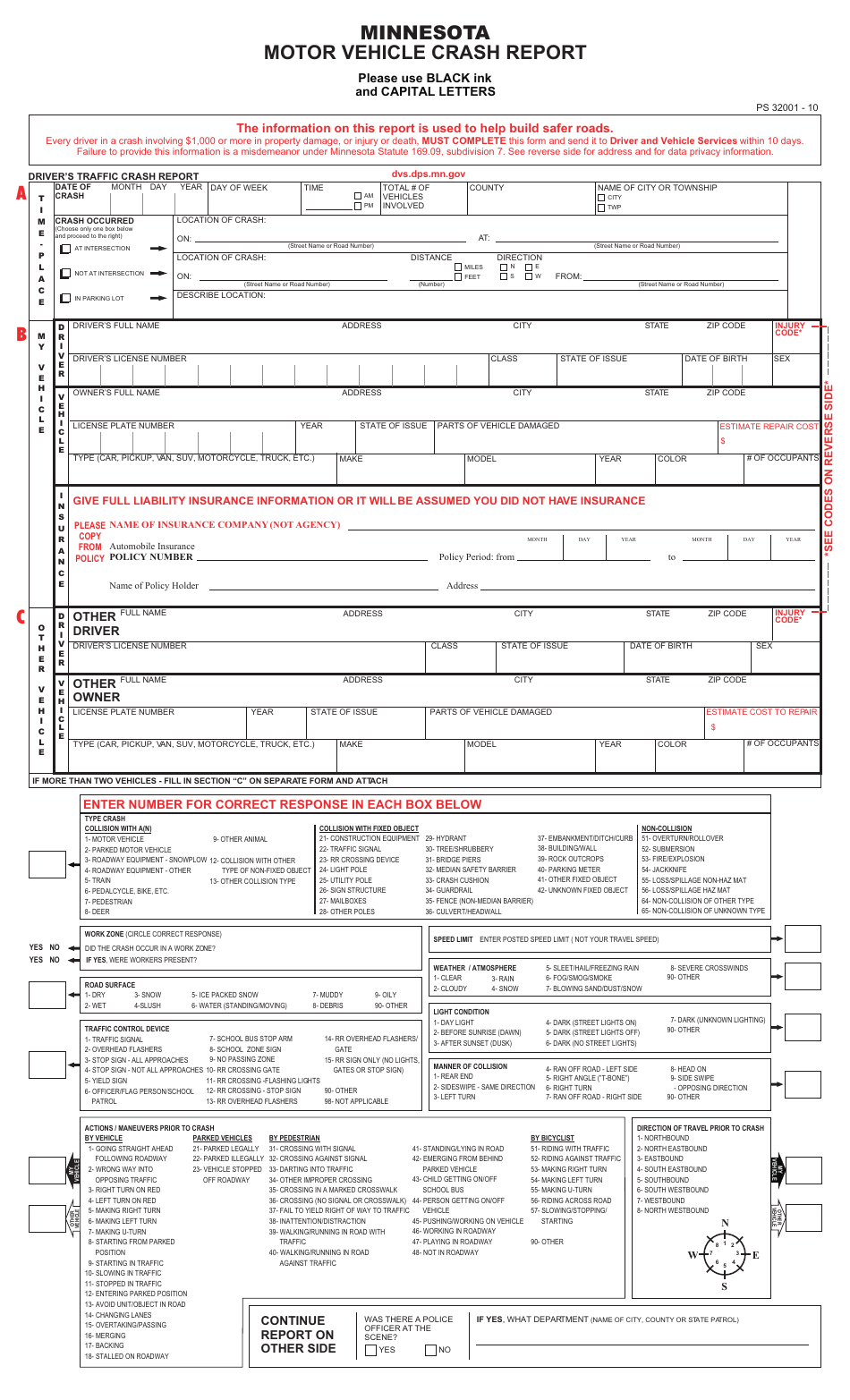 Form PS33201 Motor Vehicle Crash Report - Minnesota, Page 1
