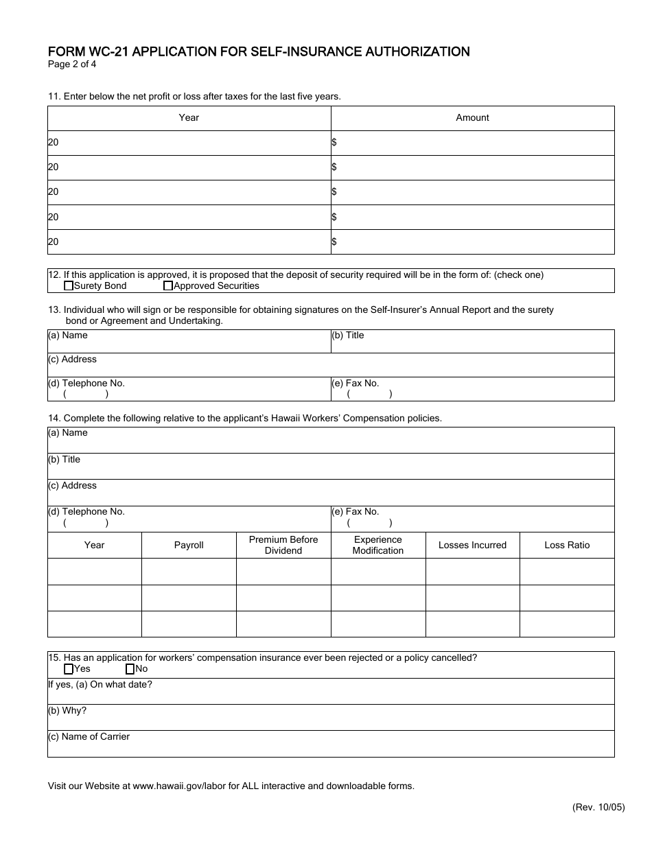 Form WC-21 Application for Self-insurance Authorization - Hawaii, Page 3