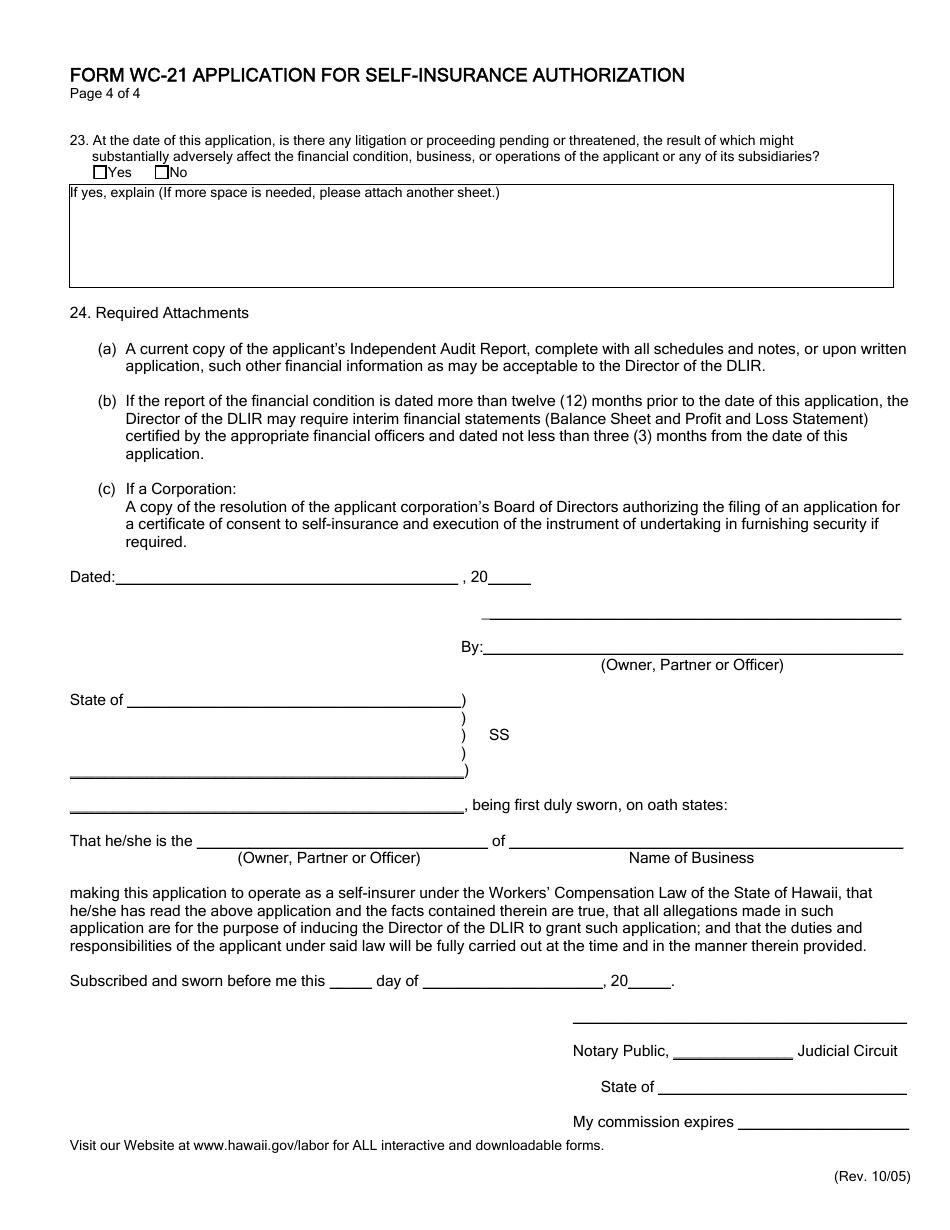 Form WC-21 Application for Self-insurance Authorization - Hawaii, Page 5