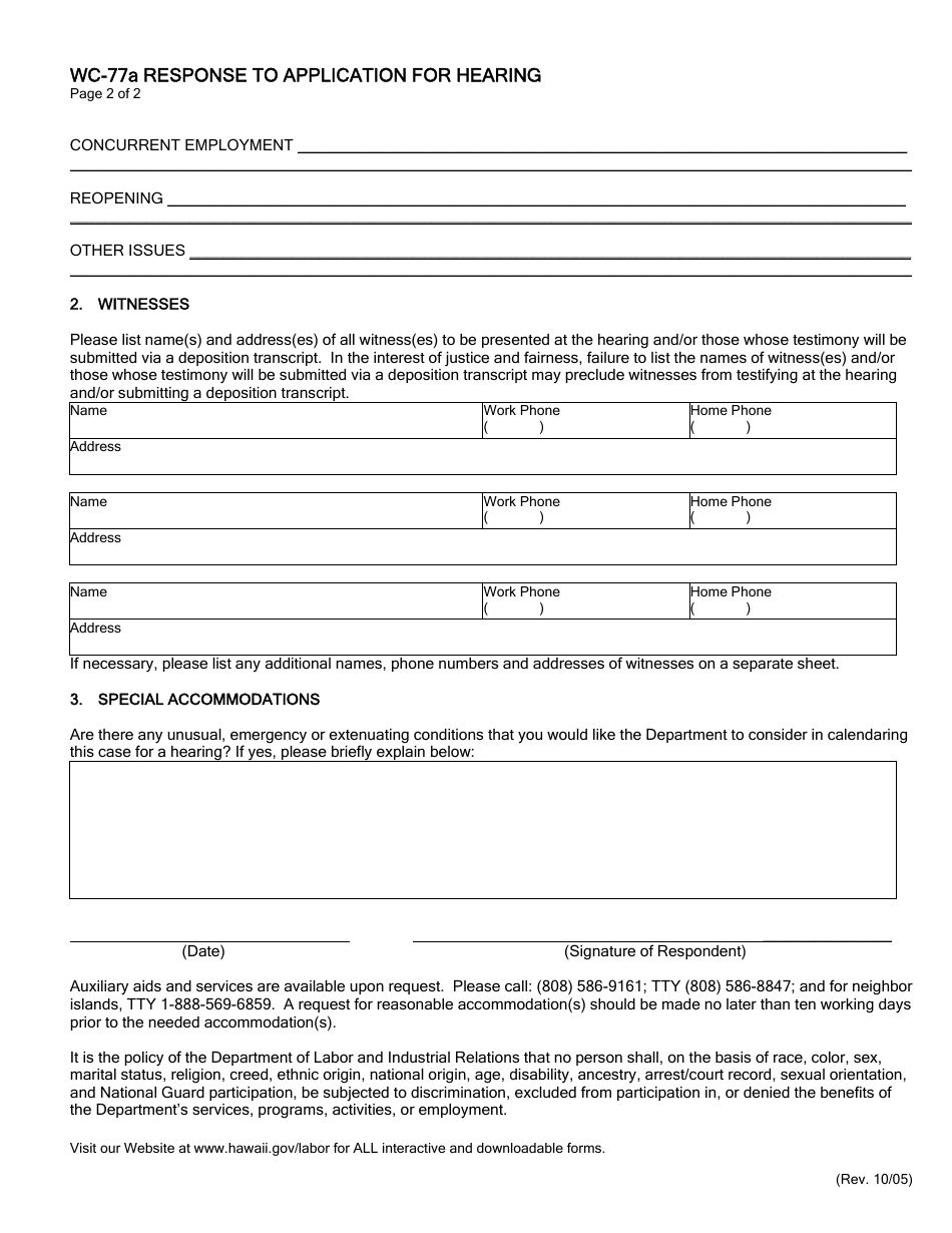 Form WC-77A Response to Application for Hearing - Hawaii, Page 3