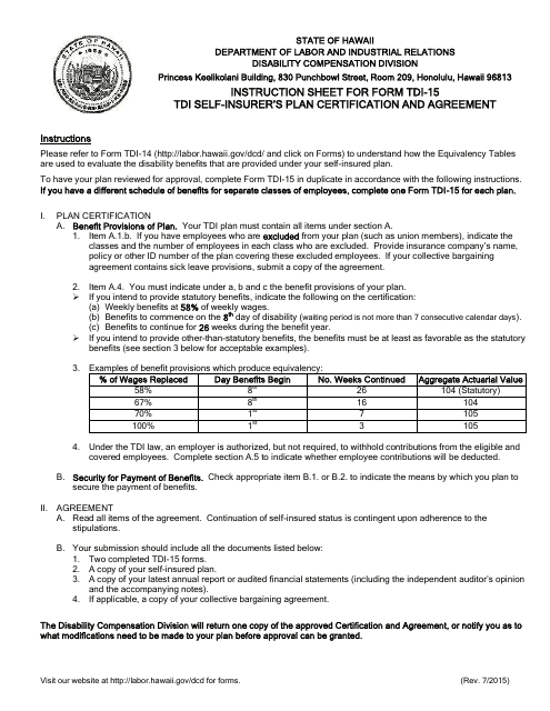 Form TDI-15 Tdi Self-insurer's Plan Certification and Agreement - Hawaii