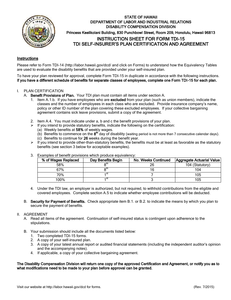 Form TDI-15 Tdi Self-insurers Plan Certification and Agreement - Hawaii, Page 1