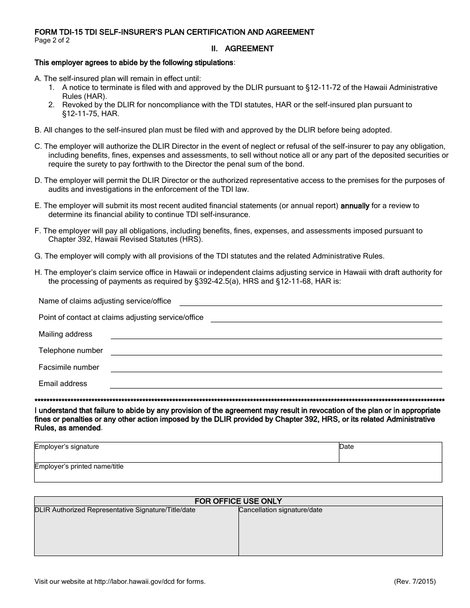 Form Tdi-15 - Fill Out, Sign Online And Download Fillable Pdf, Hawaii 