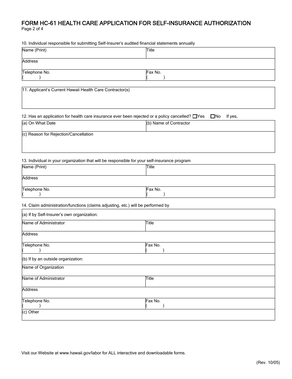 Form HC-61 Health Care Application for Self-insurance Authorization - Hawaii, Page 3