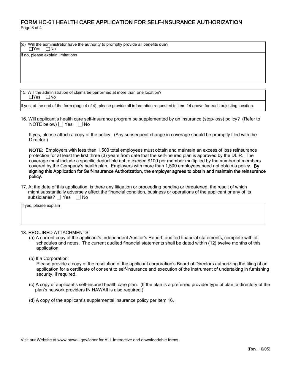 Form HC-61 Health Care Application for Self-insurance Authorization - Hawaii, Page 4