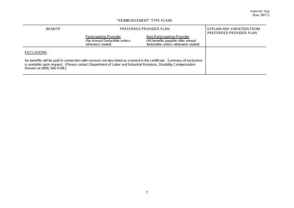 Form HC-7(A) Reimbursement Type Plans - Hawaii, Page 7