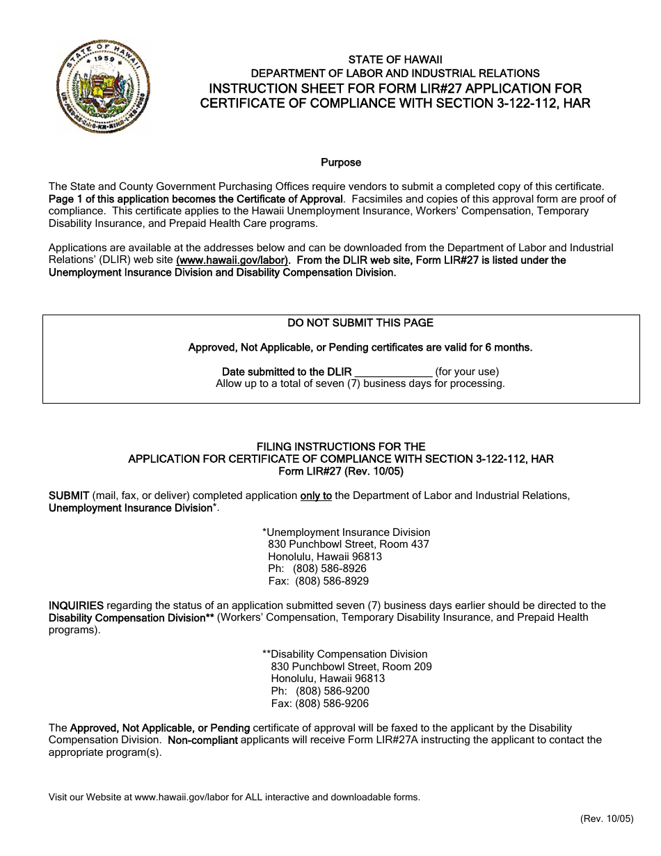 Form LIR27 Application for Certificate of Compliance With Section 3-122-112, Har - Hawaii, Page 1