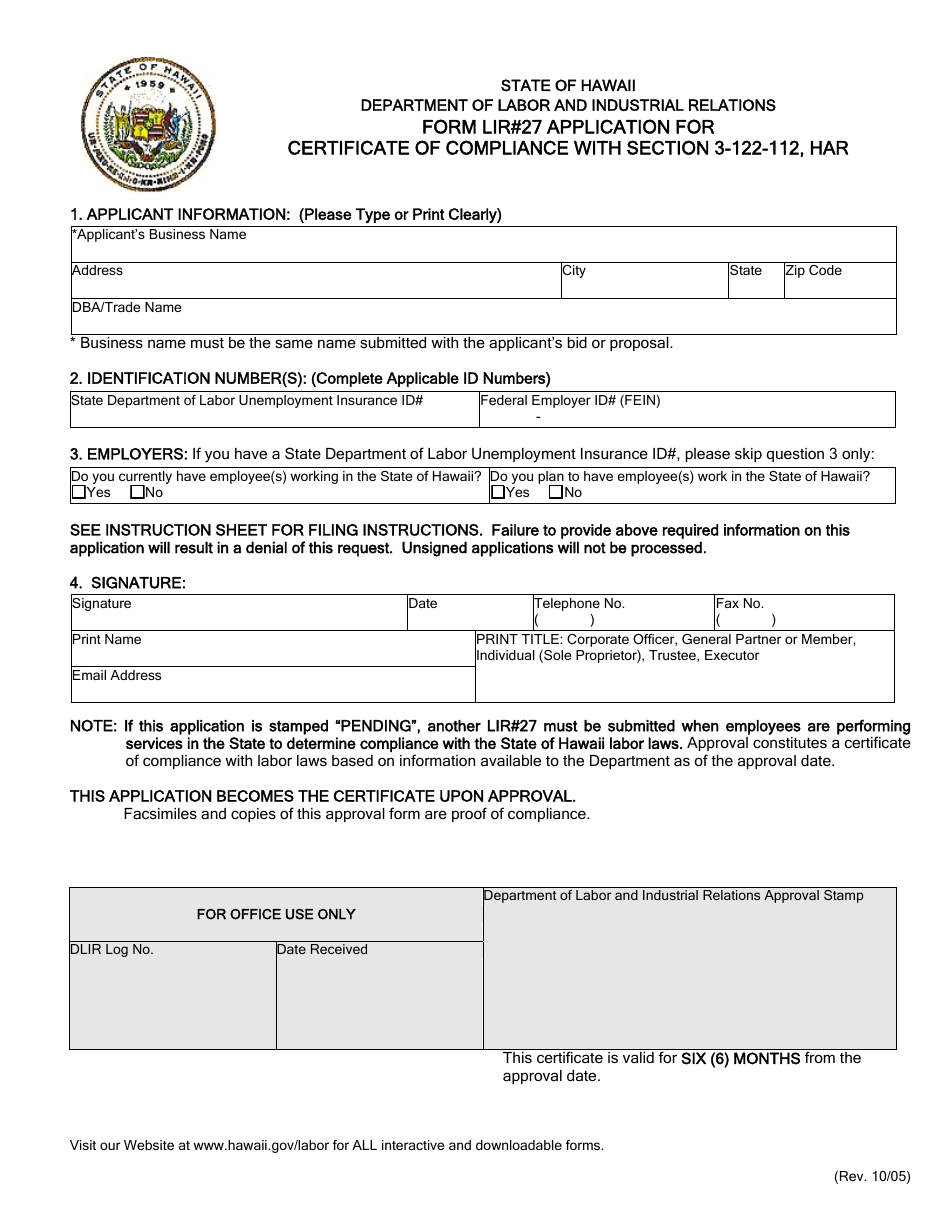 Form LIR27 - Fill Out, Sign Online and Download Fillable PDF, Hawaii ...