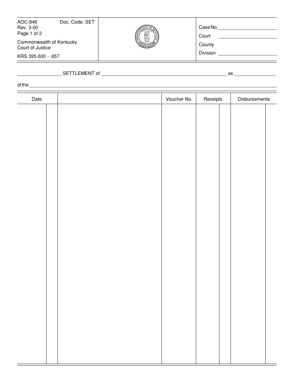 Form AOC-846 Settlement of Estate - Kentucky, Page 1