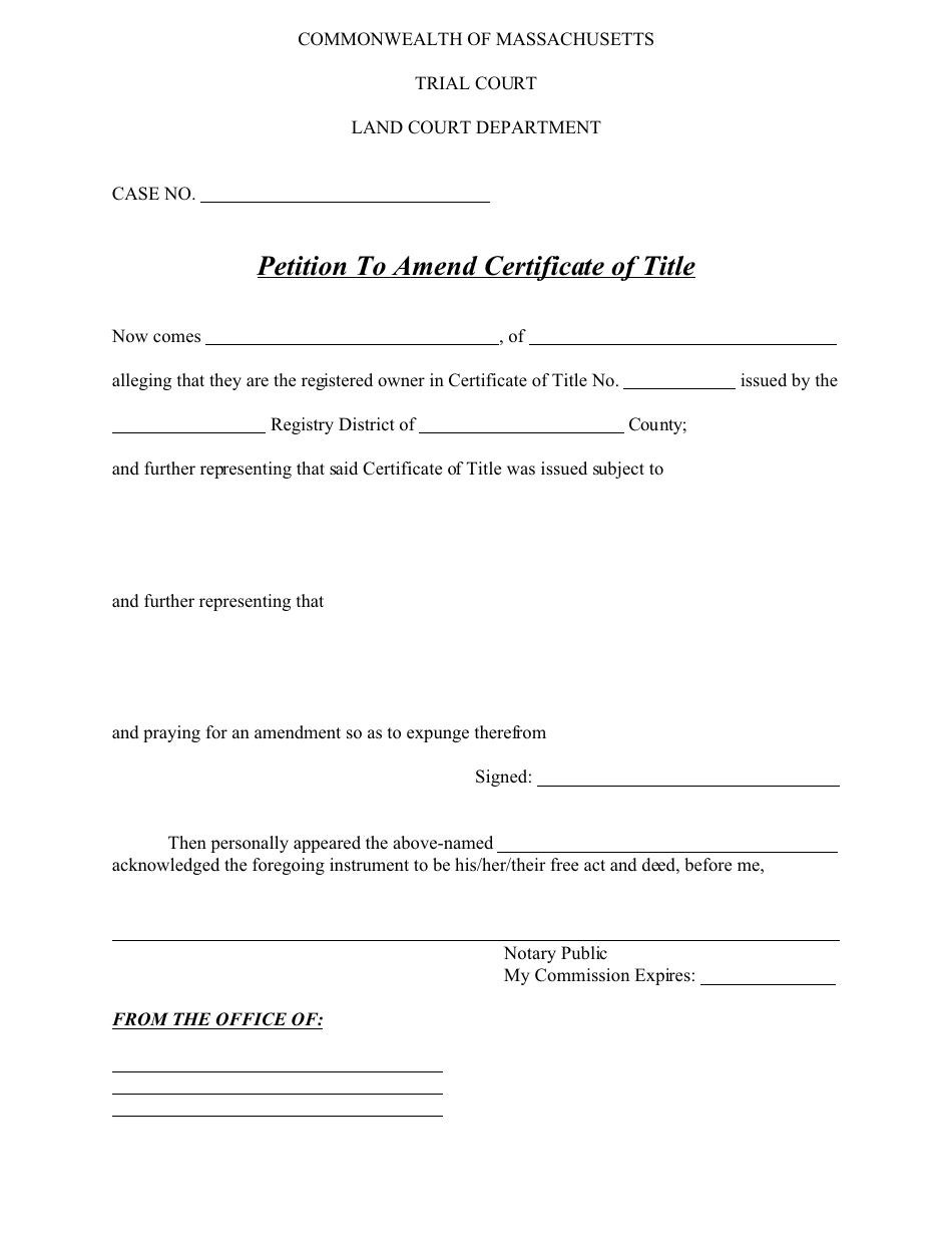 Petition to Amend Certificate of Title - Massachusetts, Page 1