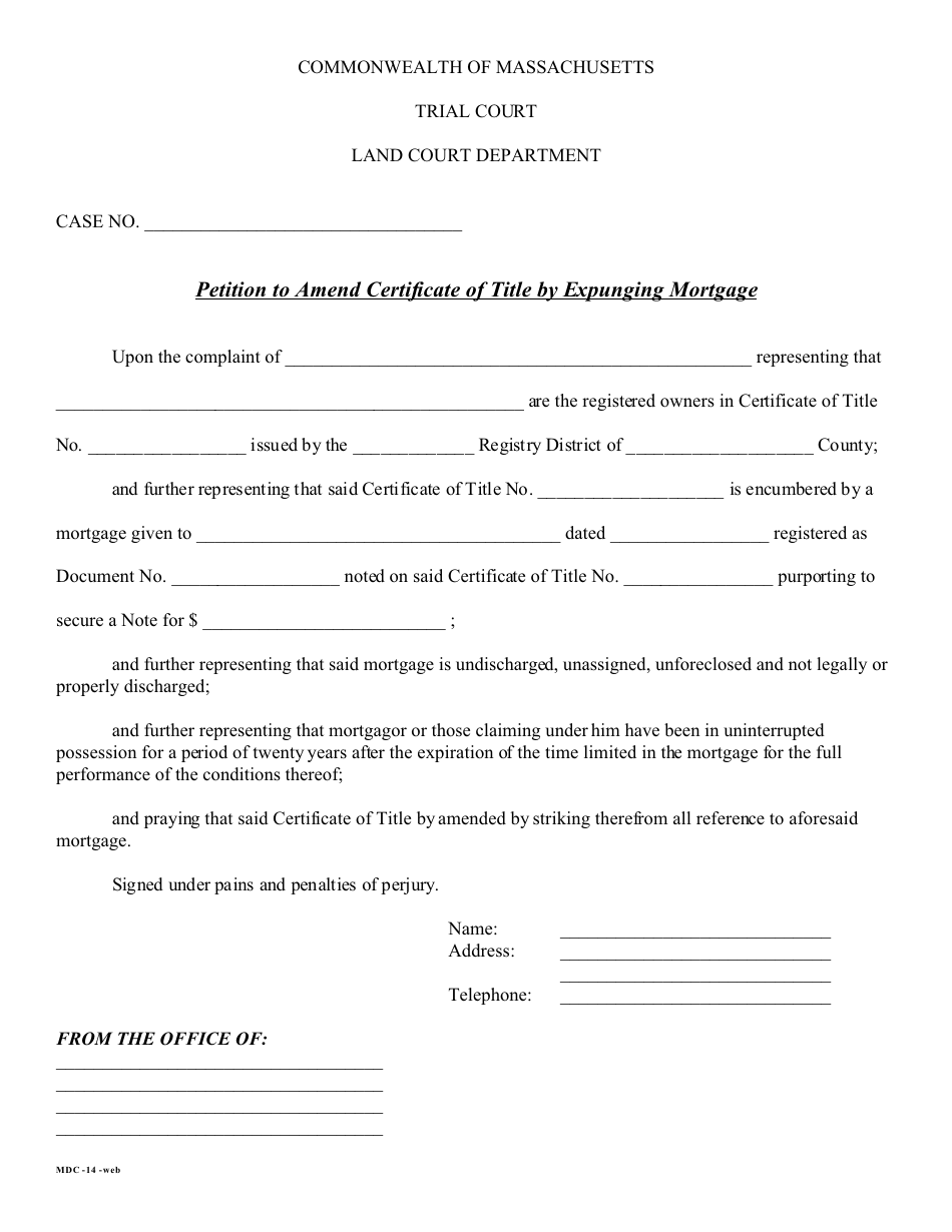Form MDC-14 Petition to Amend Certificate of Title by Expunging Mortgage - Massachusetts, Page 1