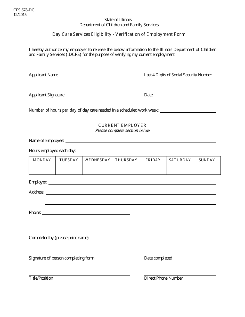 Form CFS678-DC Day Care Services Eligibility - Verification of Employment Form - Illinois, Page 1
