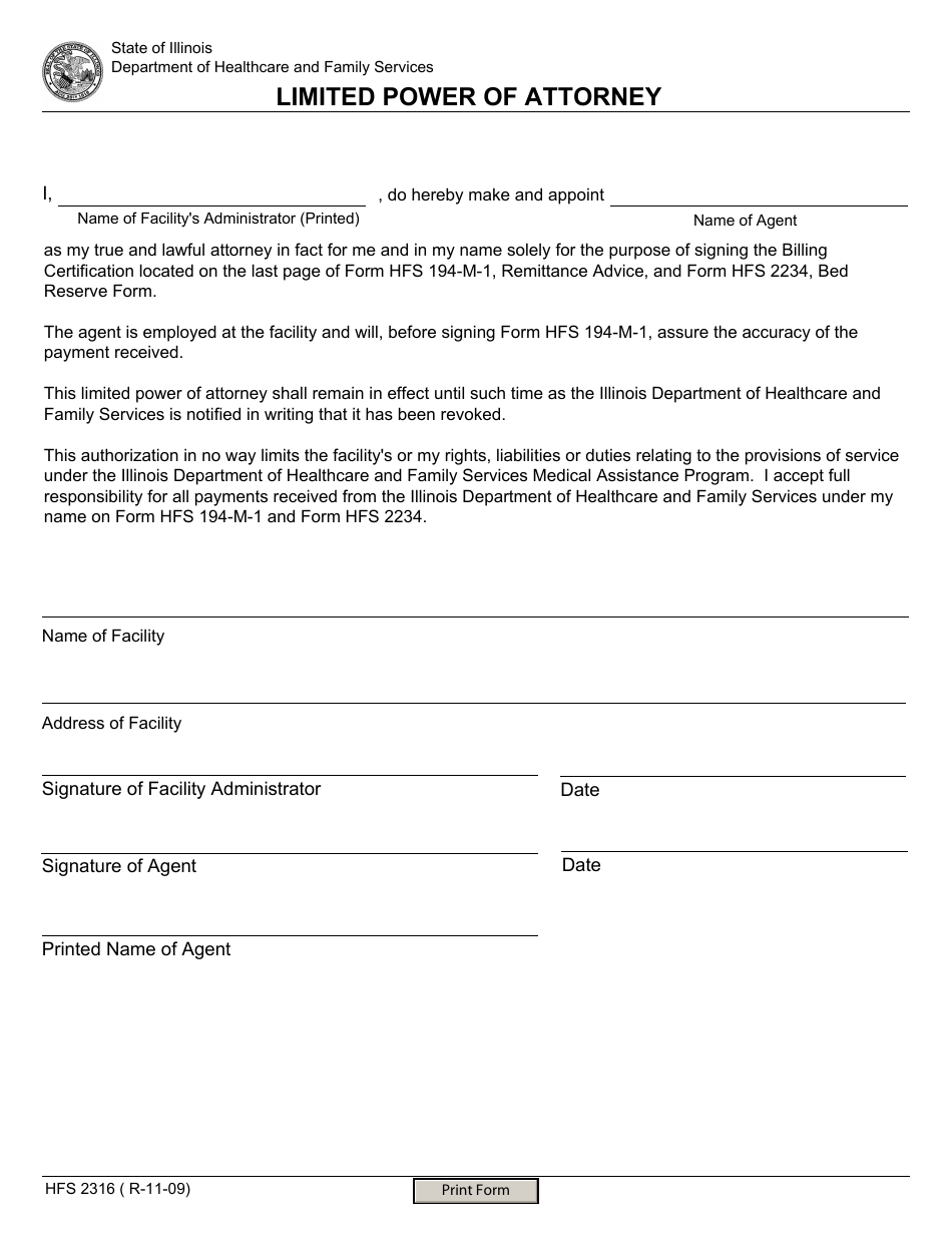 Form HFS2316 Limited Power of Attorney - Illinois, Page 1