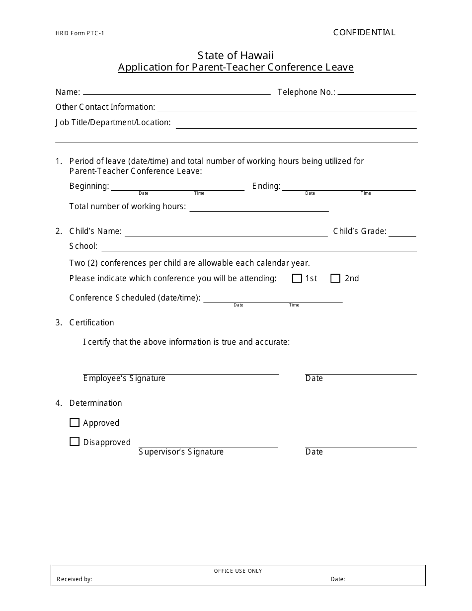 HRD Form PTC-1 Application for Parent-Teacher Conference Leave - Hawaii, Page 1