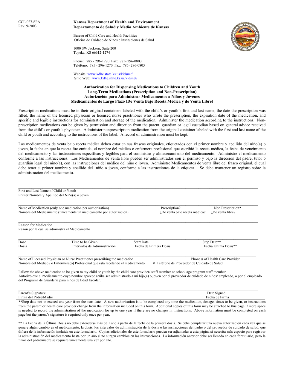 Form CCL027-SPA Authorization for Dispensing Medications to Children and Youth Long-Term Medications (Prescription and Non-prescription) - Kansas (English / Spanish), Page 1
