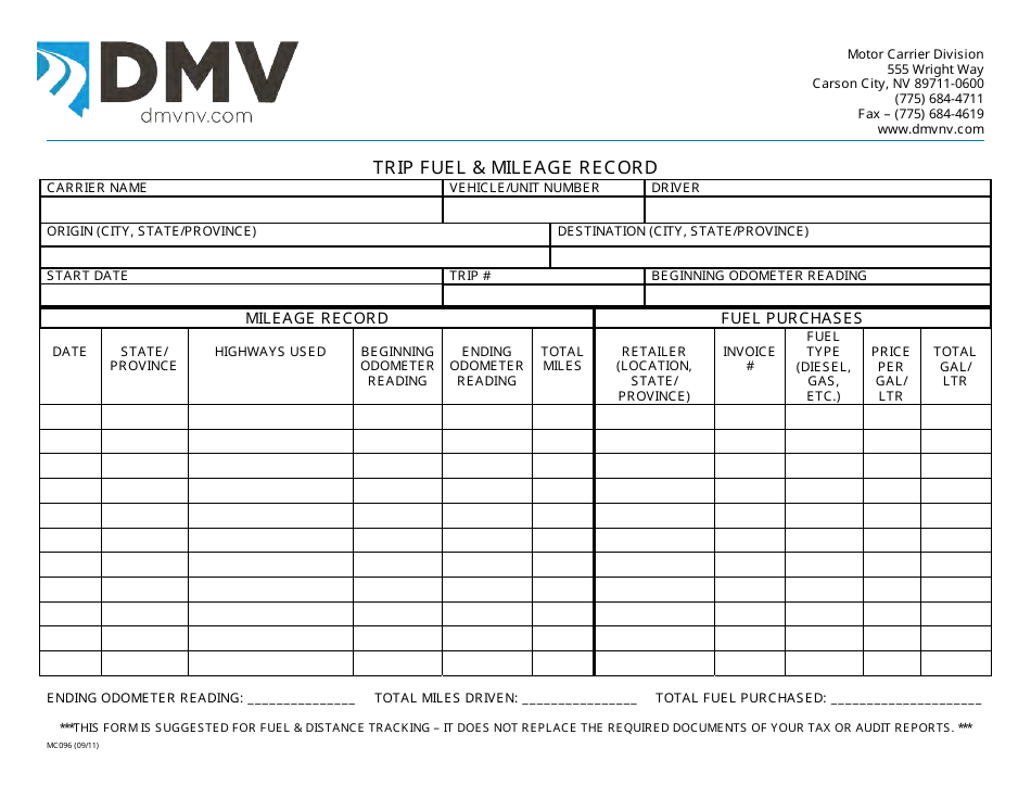 Form MC096 Trip Fuel  Mileage Record - Nevada, Page 1