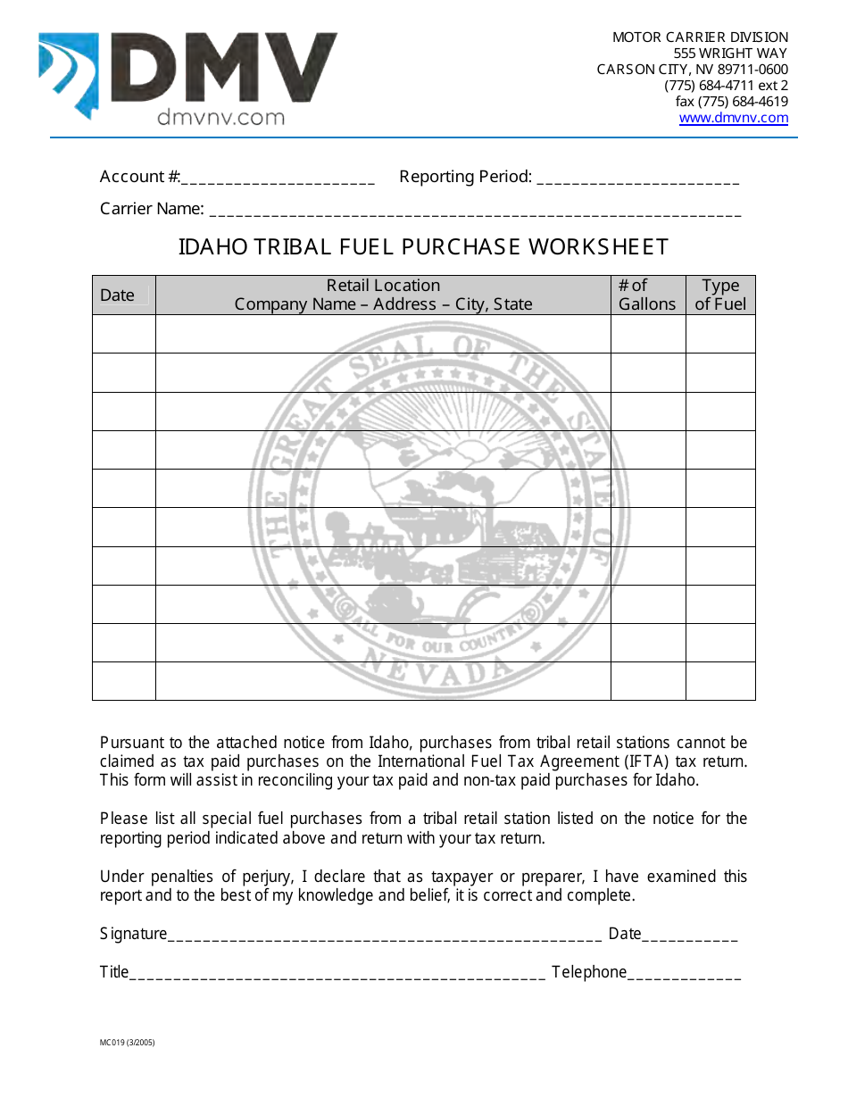 Form MC019 Idaho Tribal Fuel Purchase Worksheet - Nevada, Page 1