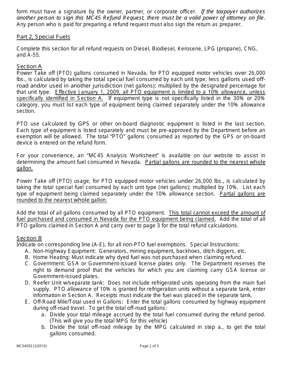 Instructions for Form MC045D Special Fuel Tax Refund Request - Nevada, Page 2