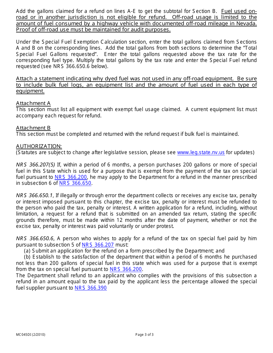 Instructions for Form MC045D Special Fuel Tax Refund Request - Nevada, Page 3