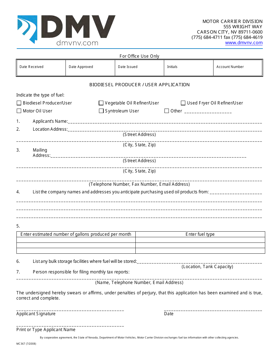 Form MC367 Biodiesel Producer / User Application - Nevada, Page 1