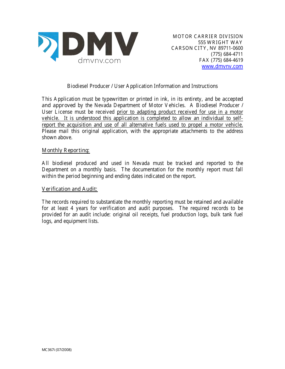 Form MC367 Biodiesel Producer / User Application - Nevada, Page 2