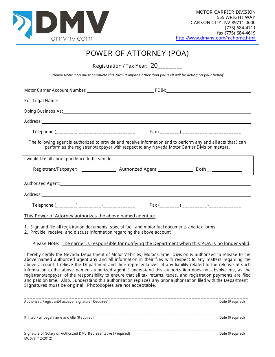 Form MC078 Power of Attorney (Poa) - Nevada, Page 1