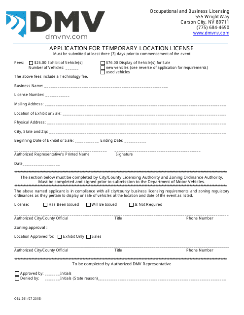 Form OBL261  Printable Pdf