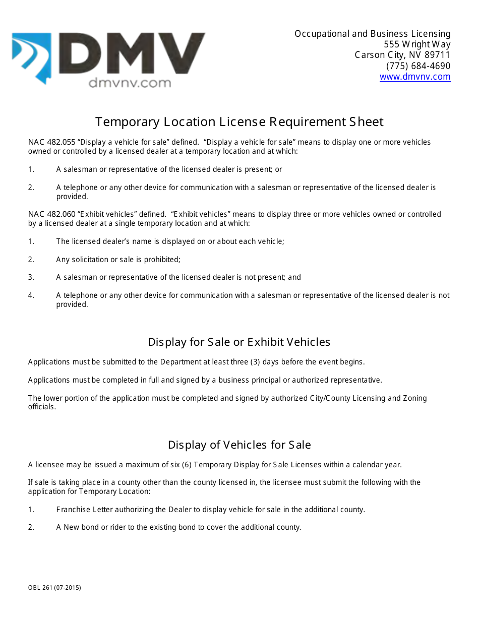 Form OBL261 Application for Temporary Location License - Nevada, Page 2