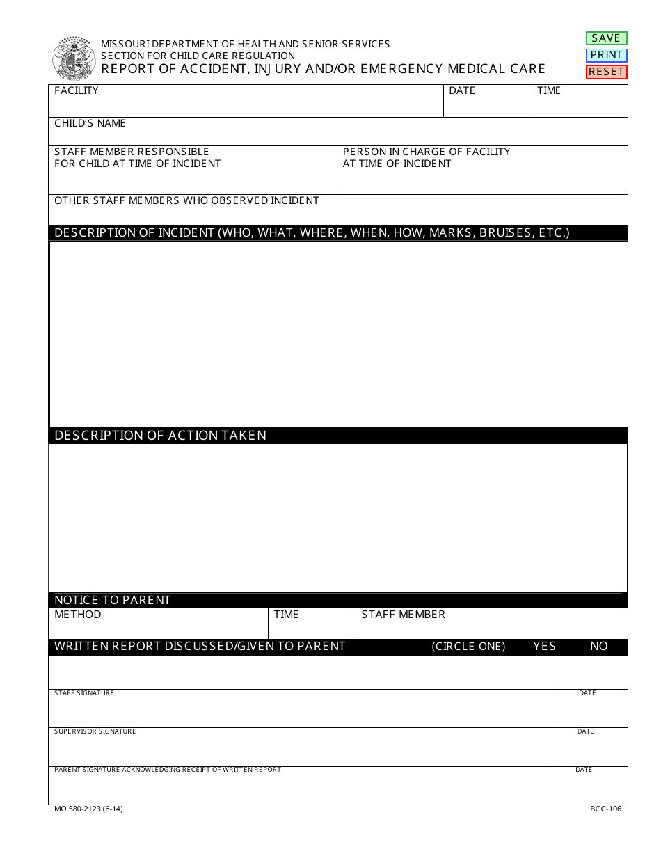 Form MO580-2123 (BCC-106) Report of Accident, Injury and/or Emergency Medical Care - Missouri, Page 1