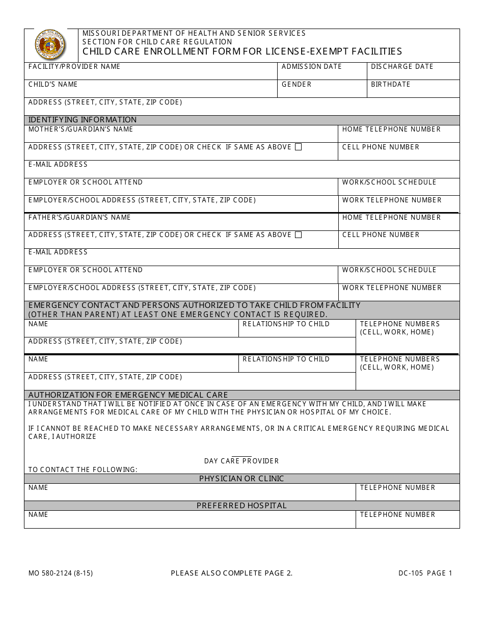 Form MO580-2124 (DC-105) Report of Accident, Injury and/or Emergency Medical Care - Missouri, Page 1