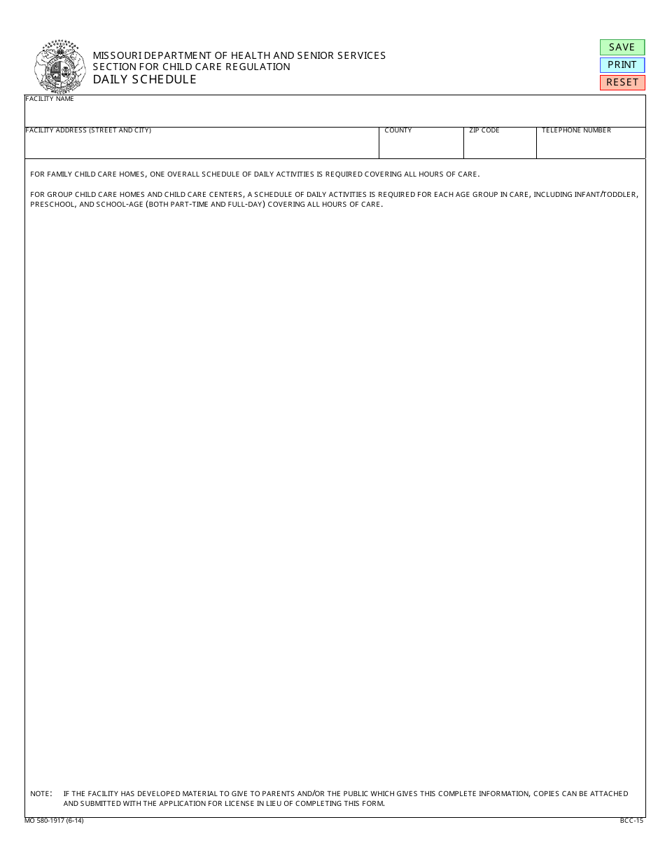 Form MO580-1917 (BCC-15) Daily Schedule - Missouri, Page 1
