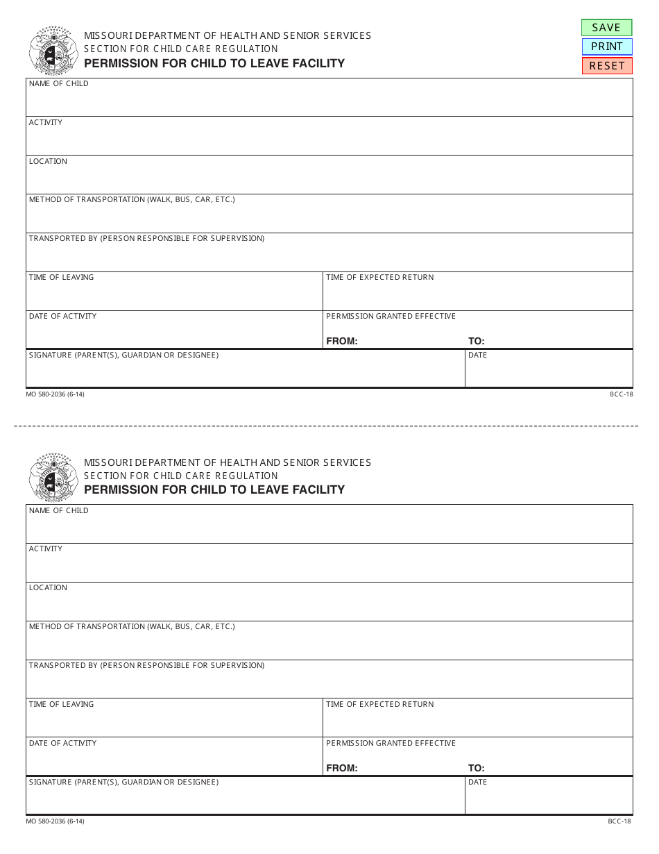 Form MO580-2036 Permission for Child to Leave Facility - Missouri, Page 1