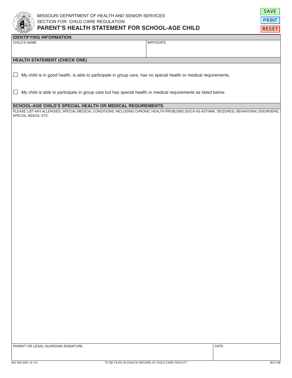 Form MO580-2851 Parents Health Statement for School - Age Child - Missouri, Page 1