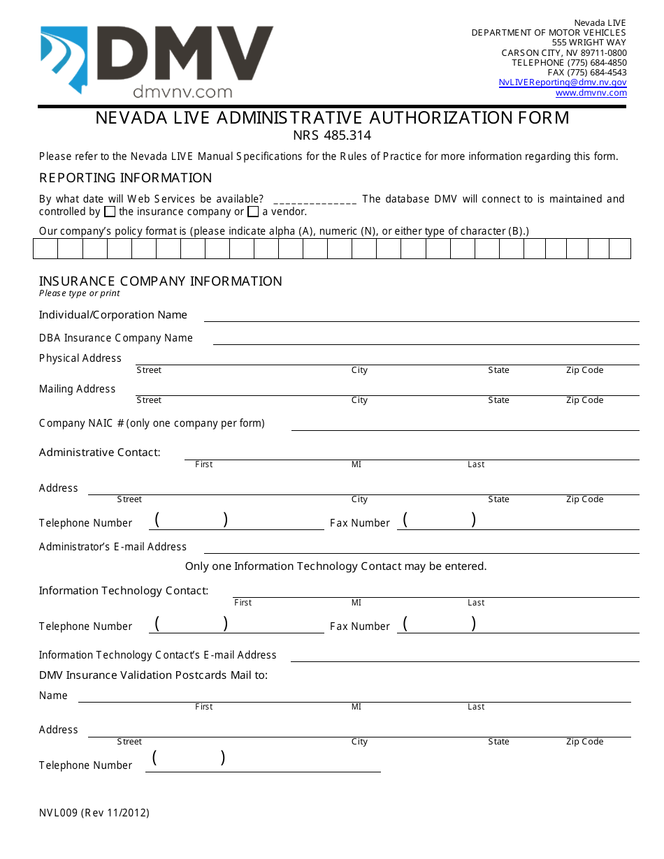 Form NVL009 Nevada Live Administrative Authorization Form - Nevada, Page 1