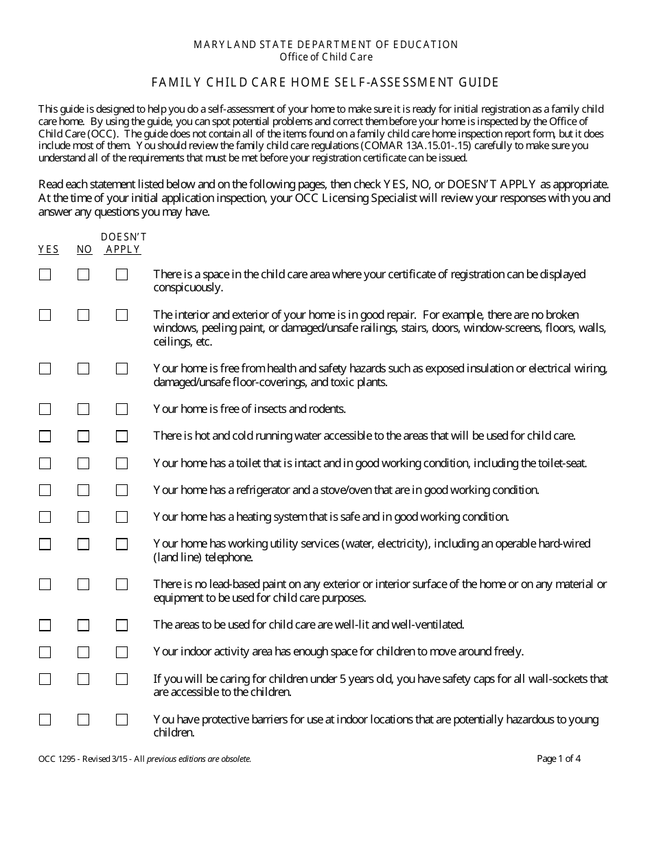Form OCC1295 Family Child Care Home Self-assessment Guide - Maryland, Page 1