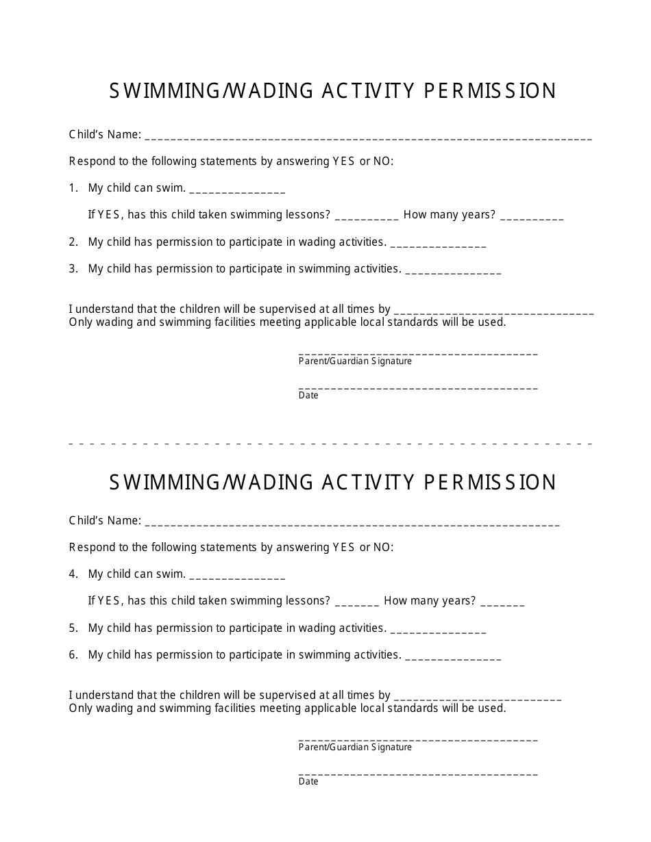 Maryland Permission Slip Swimming/Wading Activities Download