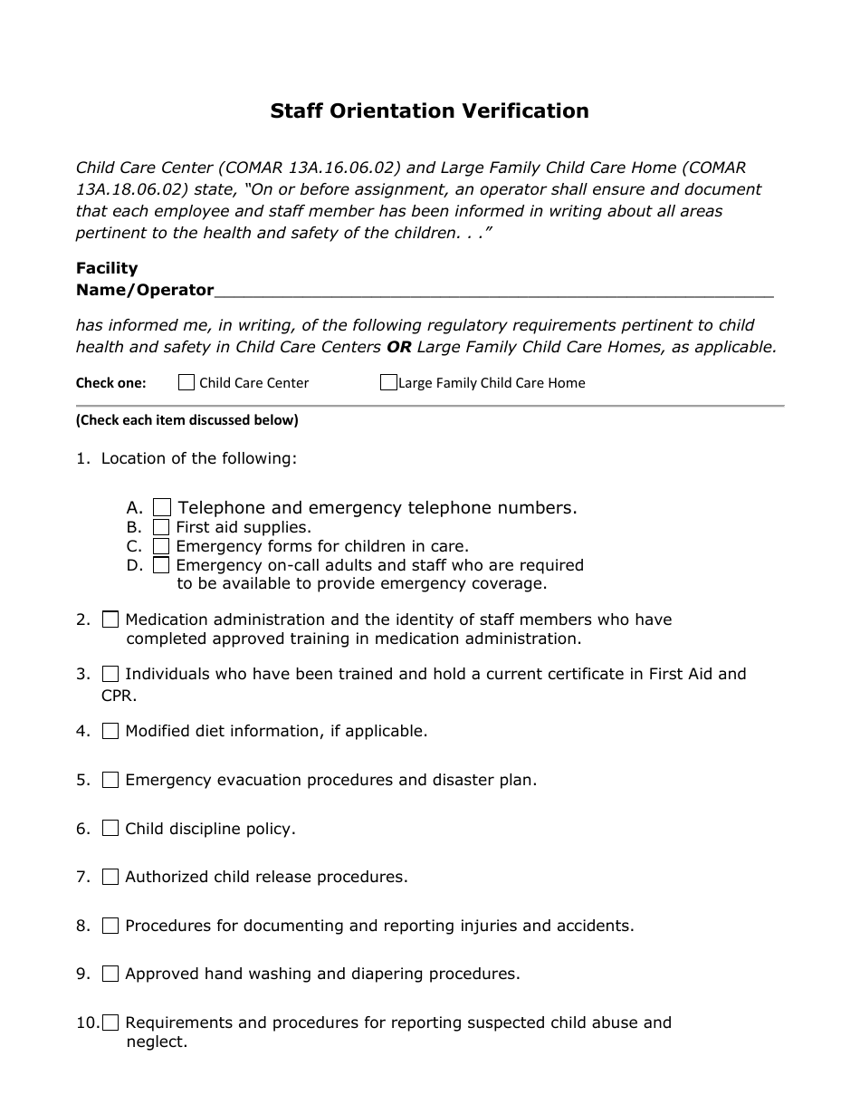 Staff Orientation Verification - Maryland, Page 1
