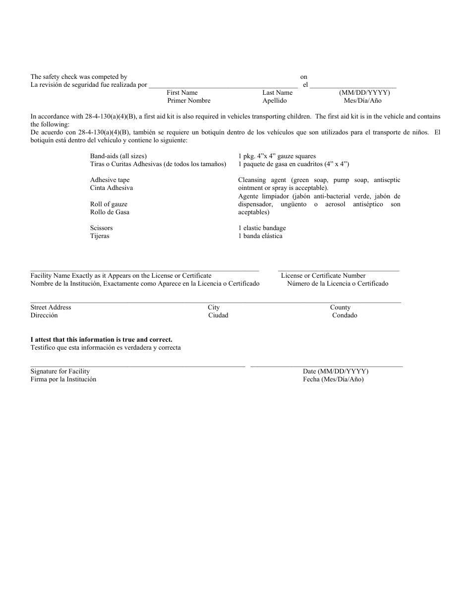 Form CCL005-SPA Yearly Mechanical Safety Check for Vehicles Used to Transport Children in a Child Care Facility - Kansas (English / Spanish), Page 2